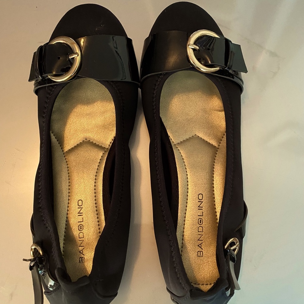 Black Dress slippers with Gold buckles.